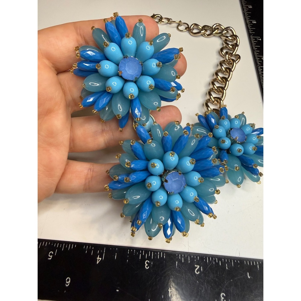Banana Republic Blue Floral Statement Necklace Gold Tone Chunky Chain Cluster